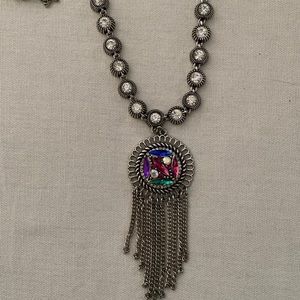 Long Chain Necklace with Rhinestones and Medallion